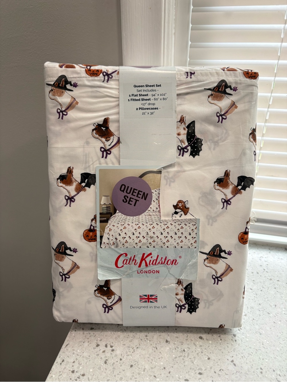 NEW Cath Kidston “Spooky Dogs” Halloween Dog Print Queen Sheet Set-White/Brown